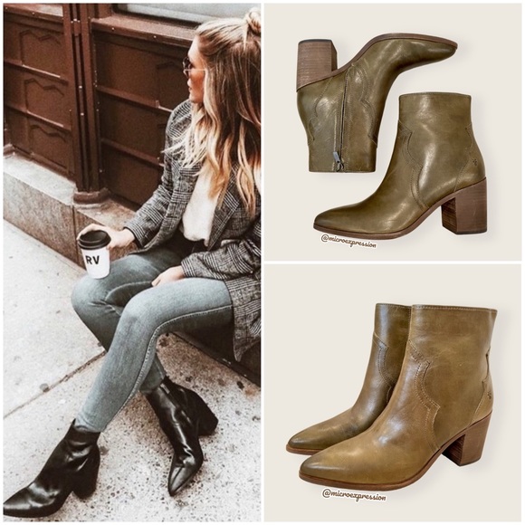 Frye Shoes - $428 Frye Flynn Short Olive Green Real Leather Zip Up Pointy Toe Heel Ankle Boot